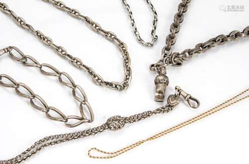 A collection of gold and silver chains, including a Victorian example with an acorn whistle, a