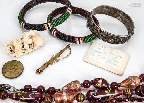 A large collection of various costume jewellery, bangles, 19th Century carved ivory floral brooch,