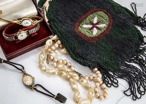 An art deco beadwork and ivorine evening bag, a gilt metal Art Deco necklace, various lady's