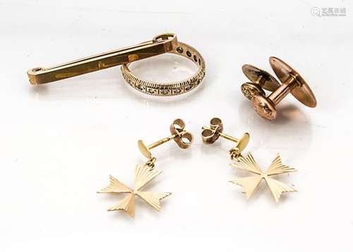 A small quantity of gold items, including a pair of Maltese Cross earrings, a 9ct gold pin, dated