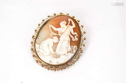 A 19th Century shell cameo, with gold frame and gilt metal mount and pin, with carved decoration