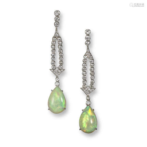 A pair of opal and diamond drop earrings