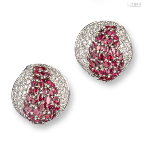 A pair of ruby and diamond bombé earrings