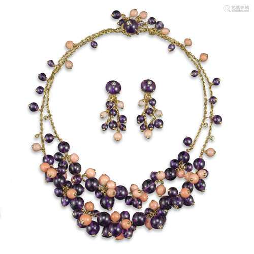 λ A diamond-set coral and amethyst bead necklace
