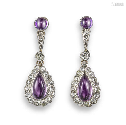 A pair of French amethyst and diamond drop earrings
