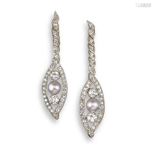 A pair of untested pearl and diamond drop earrings
