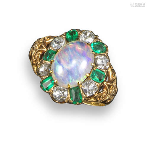 A Victorian opal, emerald and diamond cluster ring