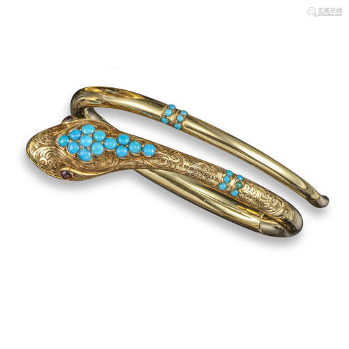 A Victorian gold and turquoise snake bangle