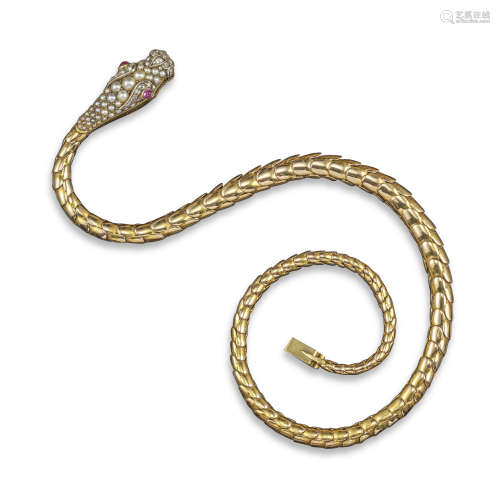 A Victorian gem-set gold snake necklace