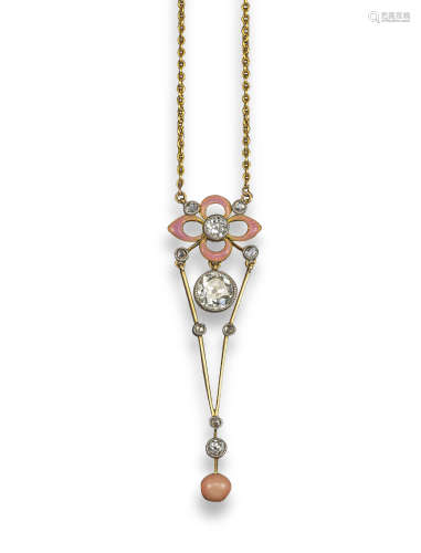 λ An Edwardian pink enamel and diamond pendant