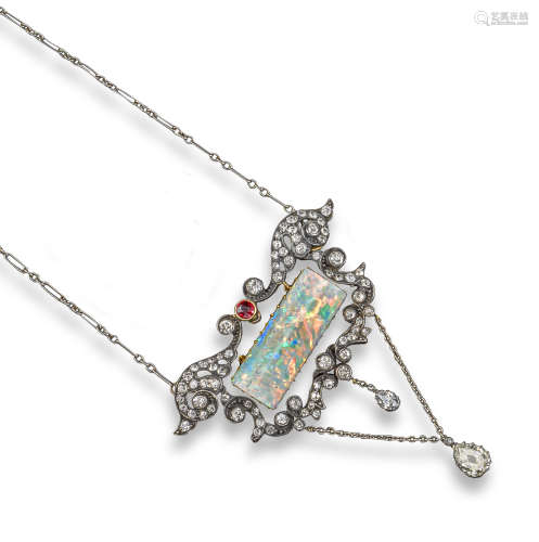 An opal, diamond and ruby pendant