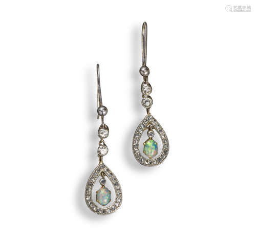 A pair of Edwardian opal and diamond drop earrings