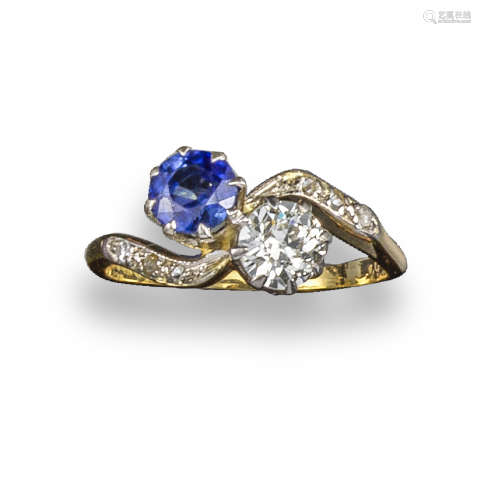 A sapphire and diamond crossover ring