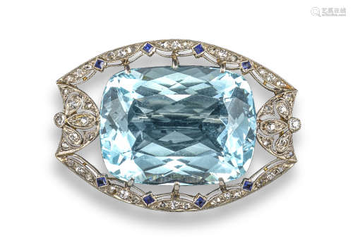 An aquamarine, sapphire and diamond brooch
