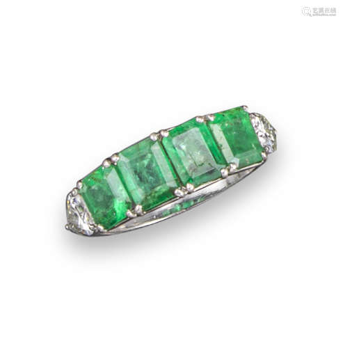 An emerald and diamond half-hoop ring