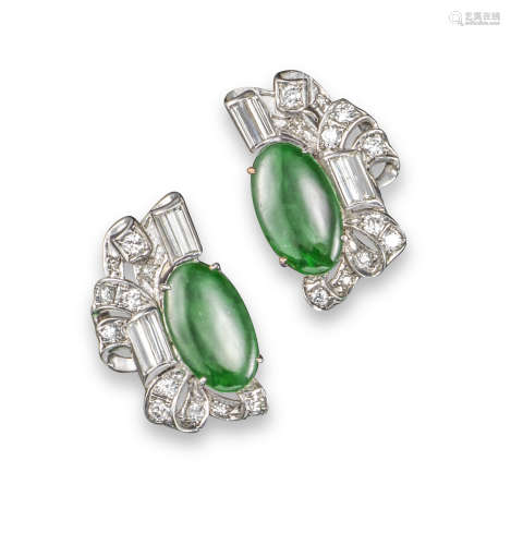 A pair of jadeite and diamond scroll earrings
