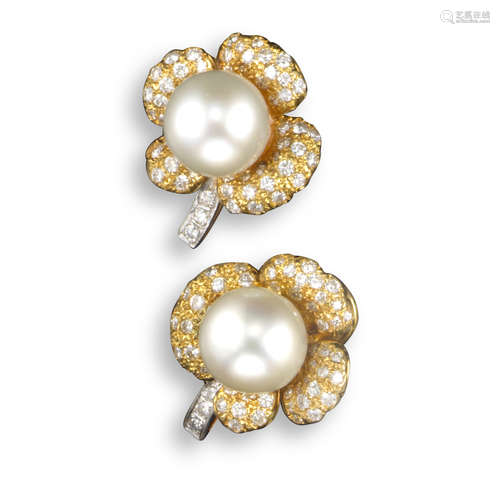 A pair of cultured pearl and diamond flower earrings