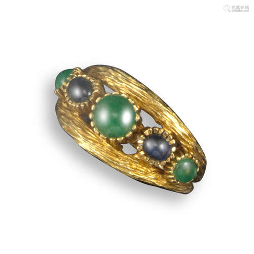 An emerald and sapphire half-hoop gold ring by Lalaounis