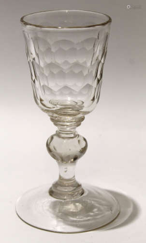 Large cut glass goblet with faceted knop stem, 18cm high