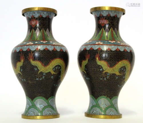Pair of cloisonne vases with polychrome enamelled decoration of the dragon chasing the flaming