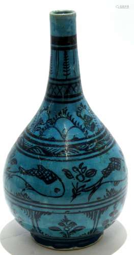 Qajar pottery vase, the green ground decorated with a fish design within floral borders, 24cm high