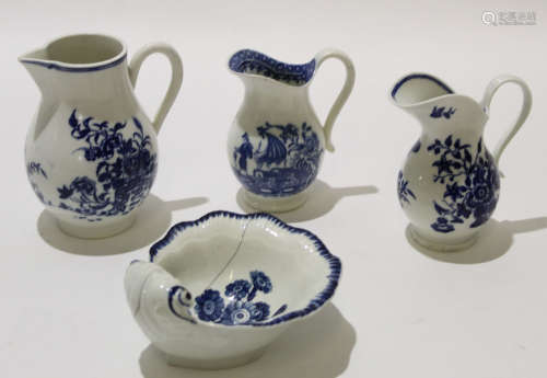 Group of 18th century Worcester wares, comprising a jug with the fence pattern, a jug with three