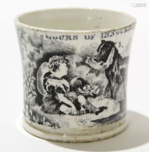 Mid-19th century Staffordshire mug with a print below a caption 