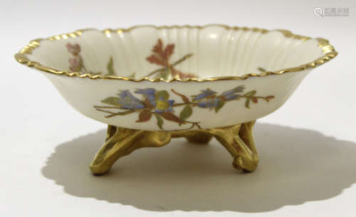 Royal Worcester blush ground dish with gilt edge, the reeded dish with floral decoration and gilt