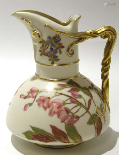 Royal Worcester blush ground jug with Art Nouveau style gilt handle, the body with floral sprays,