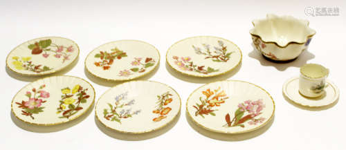 Group of Royal Worcester wares, the blush ground body with floral decoration including 6 side