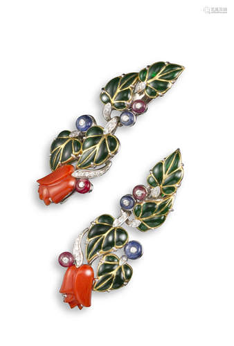 λ A pair of gem-set and plique-à-jour enamel earrings