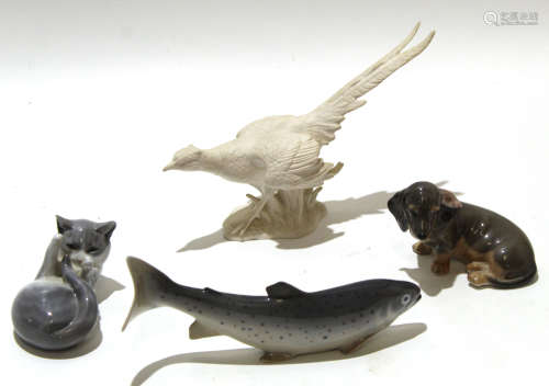 Royal Copenhagen model of a fish with a further model of a puppy and a kitten, plus a Goebel