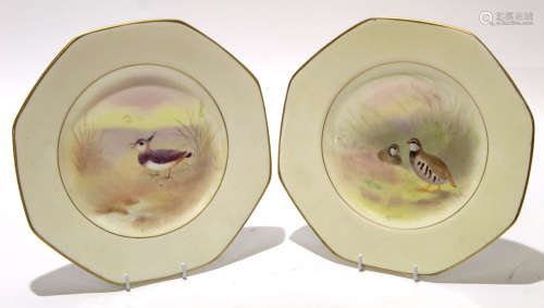 Two Royal Doulton octagonal porcelain plates, mid-20th century, painted by B Green, one with a