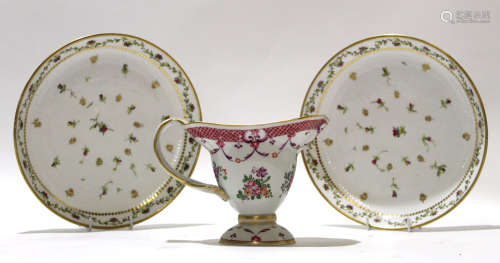 Pair of late 18th century Paris porcelain dishes, (La Courtille), together with a Samson jug