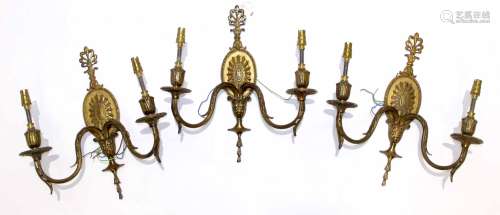 Set of three late 20th century Adam style gilt metal twin wall lights with shield shaped backs (3)