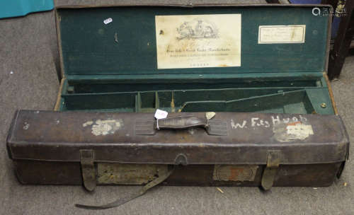 Leather gun case by Boyes & Co, 73 St James Street, London, with manufacturers label to interior,