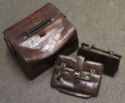 Gent's travelling case with fitted interior and faux crocodile exterior, the maker's name