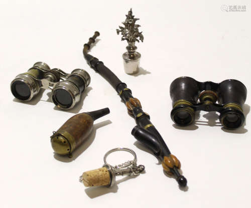 Two small pairs of binoculars and other implements including a hookah type pipe