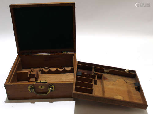 Large wooden box together with a large brass Victorian lock, the side impressed SA