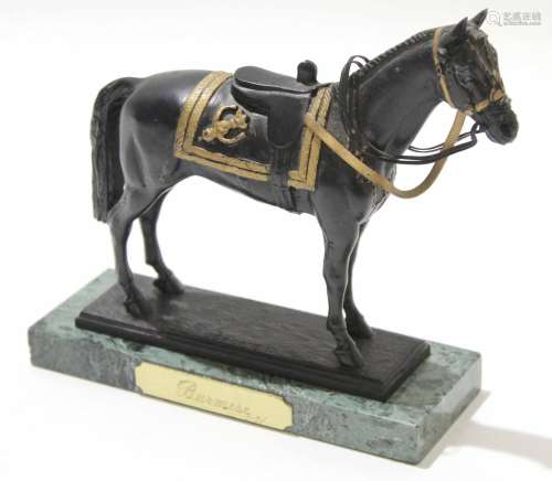 Spelter model of a horse, with a cavalry officer, the model impressed number 328/5000, signed