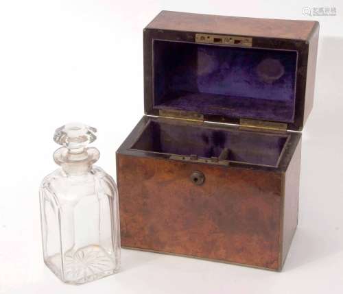 19th century burr walnut decanter box, brass bound throughout and the lifting lid with vacant