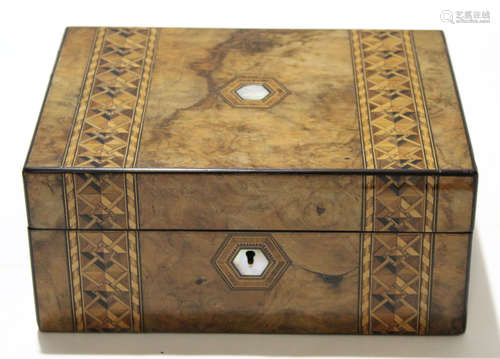 Late 19th century walnut sewing box with mother of pearl inlay and escutcheon and marquetry work