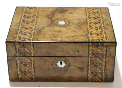 Late 19th century walnut sewing box with mother of pearl inlay and escutcheon and marquetry work