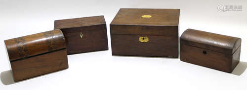 Collection of wooden boxes, one square box modelled as a writing slope, two further mahogany and