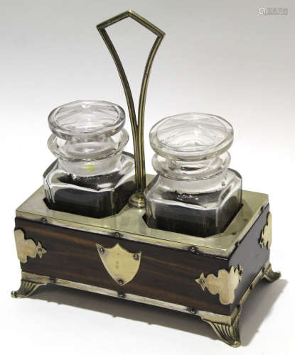 Art Nouveau style wooden case with silver metal mounts on four splayed shell feet, the interior