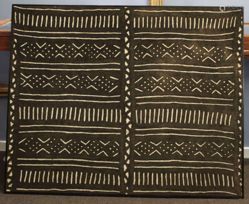 Tribal aboriginal art in black wooden frame, the black hessian type material decorated in white wit