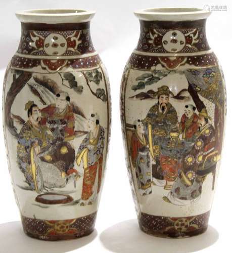 Pair of Meiji period Japanese Satsuma vases, decorated with Japanese warriors with a Japanese family