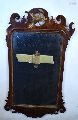 Georgian mahogany framed fretwork carved mirror with gilt slip with gilded ho-ho bird to top (a/