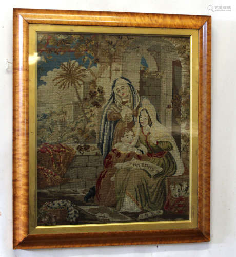 Victorian grospoint wool work picture, figures in an interior in a maple frame, 50 x 45cm