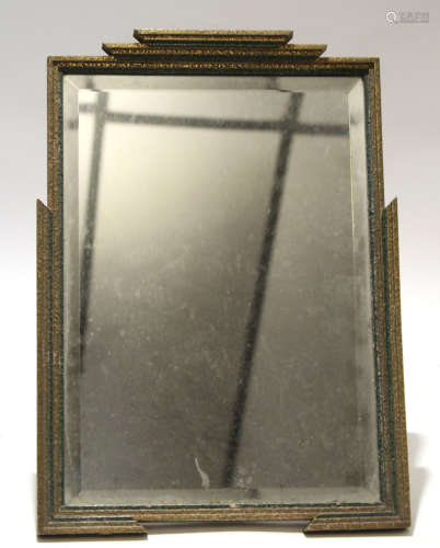 Art Deco style easel back table top mirror with green and gilded geometric frame with a central